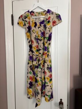 Kate Spade Silk Midi Dress in Cream with Multicolor Floral Print and sash belt